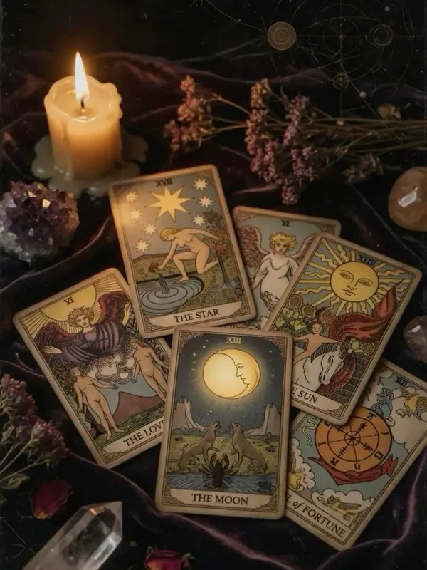 Açılmış tarot kartlarının üstünde yanan mum, çevresinde kurutulmuş lavanta ve bir ametist